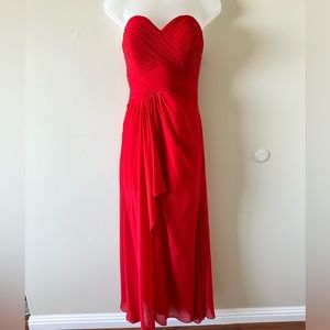 Red strapless chiffon gown
